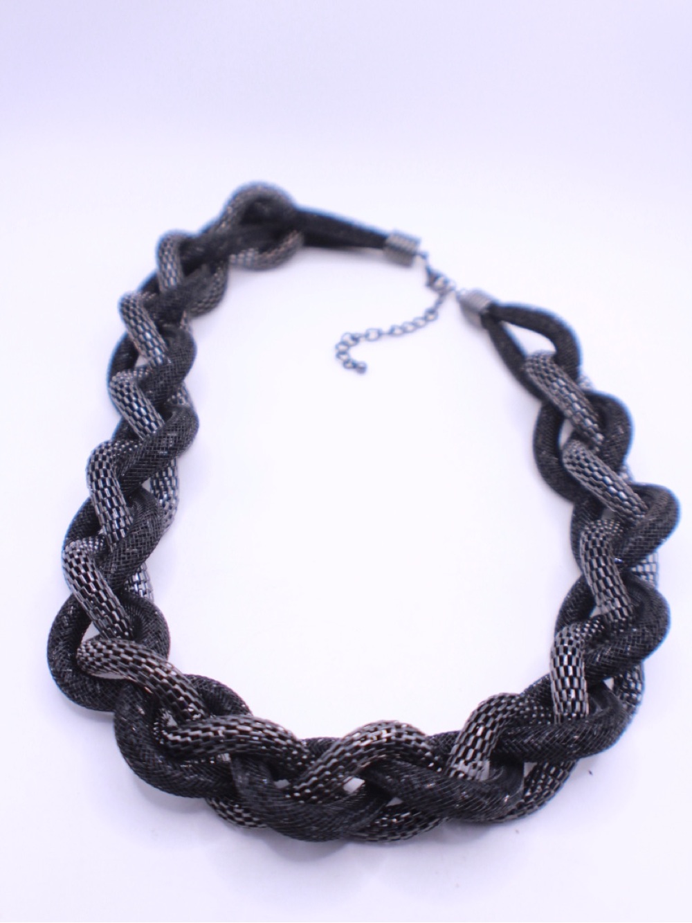 Black Braided Metallic Mesh Gunmetal tone Statement Necklace 28”